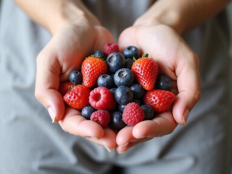 Manos sosteniendo una variedad de bayas frescas y coloridas.
