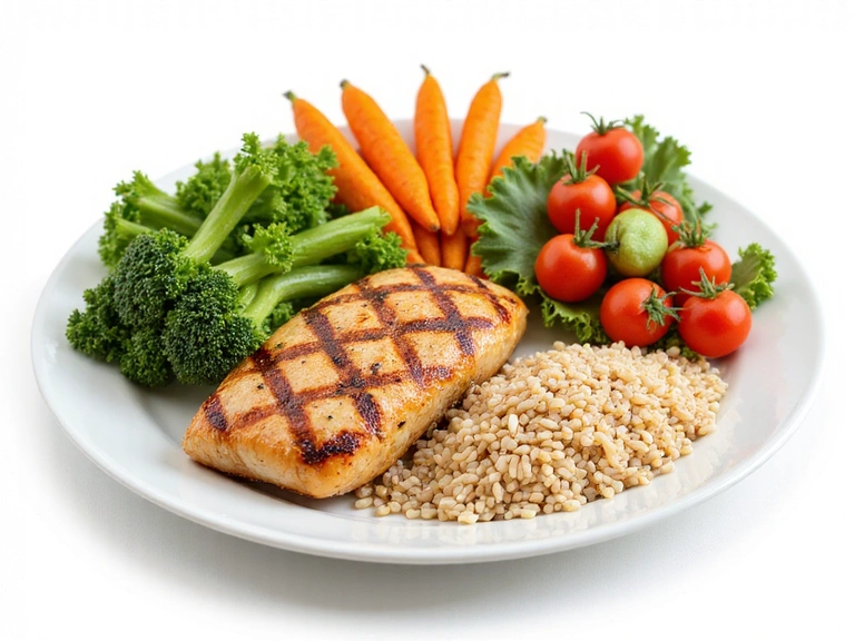 Plato colorido con verduras frescas y proteínas magras.