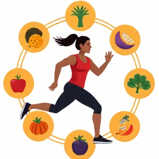 Icono de nutrición deportiva, mostrando un atleta en movimiento con elementos de alimentación saludable y energía.